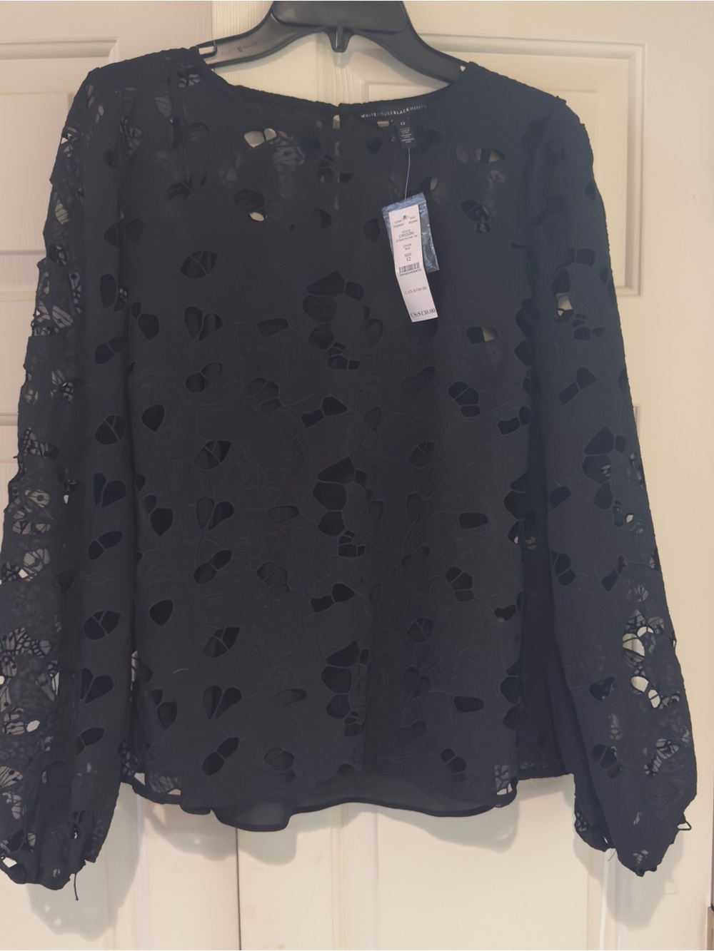 White House Black Market Black Lace Cutout Long-Sleeve Blouse size 12 NWT